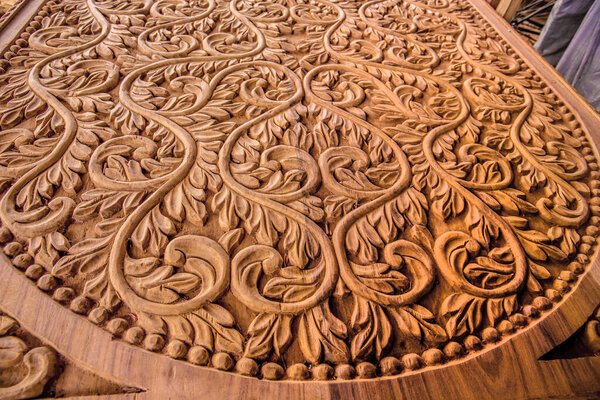 Stone Town, Zanzibar, Tanzania. 27 March 2018. a magnificent pattern carved from wood in a Tanzanian workshop. Close-up