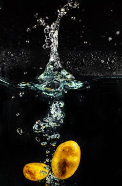 Patatesler siyah arka planda suya düşer. Yemek ve mutfak konsepti