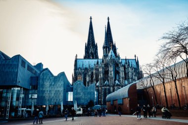 Köln, Almanya, 22 Şubat, 2019. Köln Katedrali ve yapraksız ağaç güneşli bir günde alışılmadık bir açıyla görülüyor.