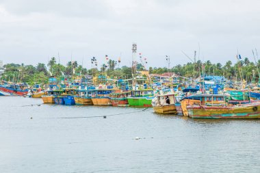 Beruwala, Sri Lanka 03 Şubat 2023. Beruwala Limanı 'ndaki balıkçı tekneleri. parlak renkli geleneksel Sri Lankalı balıkçı tekneleri sarı kumlu okyanus kıyısında duruyor