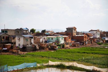 Antananarivo, Talatamaty, Madagaskar. Madagaskar 'ın 25 Ekim 2023 başkenti ve en büyük şehri. Gecekondu evleri ve açık yeşil pirinç tarlaları. Geleneksel olarak. yoksulluk Afrika ülkesi konsepti