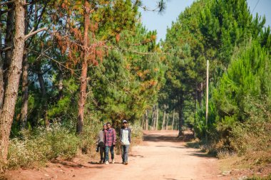 Madagaskar. 25 Ekim 2023 Tipik Madagaskar manzarası. Yol boyunca yürüyen parlak elbiseli insanlar.