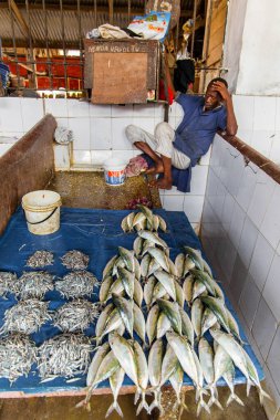 Zanzibar, Tanzanya, Afrika. 26 Mart 2018. Zanzibar 'ın Stone Town başkenti. Dar sokaklar, eski evler, yolda yürüyen insanlar, yiyecek ve balık ve tavuk pazarı