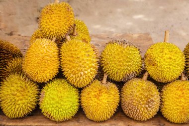 Olgun sarı durian meyveleri ahşap tezgahın üzerinde katlanmış satılıktır. Sri Lanka 'nın geleneksel meyveleri
