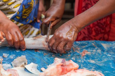 Toamasina, Madagaskar. 18 Ekim 2023. Yerel pazarda taze balık yiyecekler. Kadınlar taze balık temizler ve satar. Eller ve parçalar odak noktasında. Yerel aroma.