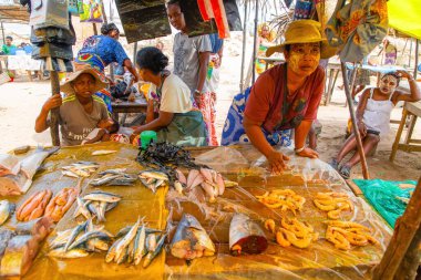 Toamasina, Madagaskar. 18 Ekim 2023. Yerel pazarda taze balık yiyecekler. Kadınlar taze balık temizler ve satar. Eller ve parçalar odak noktasında. Yerel aroma.