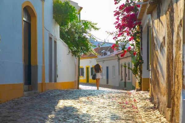 2020年9月26日 葡萄牙阿尔加维的费拉古多 葡萄牙费拉古多渔村 传统的白色房屋 在狭窄的街道上铺有瓷砖屋顶 点缀着花 图库图片