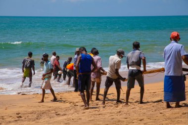 Unawatuna, Sri Lanka 09 Şubat 2023 'te farklı renklerde yaz kıyafetleri giyen bir grup adam balıkçıların Güney Sri Lanka sahilindeki büyük balık ağını çekmelerine yardım ediyor. Sıkı takım çalışması..