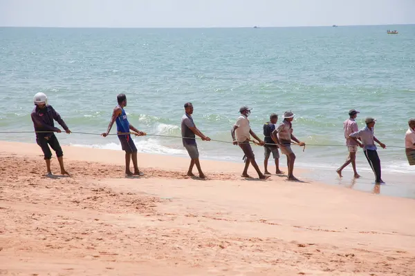 Unawatuna, Sri Lanka 09 Şubat 2023 'te farklı renklerde yaz kıyafetleri giyen bir grup adam balıkçıların Güney Sri Lanka sahilindeki büyük balık ağını çekmelerine yardım ediyor. Sıkı takım çalışması..