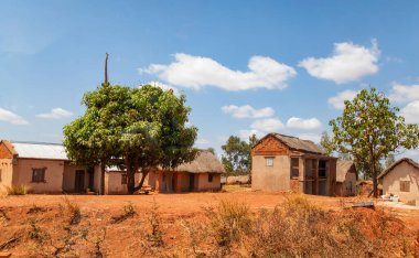Antsirabe bölgesi, Madagaskar. 20 Ekim 2023. Madagaskar yolları. Antsirabe 'den küçük köylere giden yol, yol boyunca evler, çiftlik hayvanları, pirinç tarlaları, günlük yaşam Malagasy