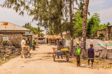 Zanzibar Şehri, Tanzanya. - 30. 03 numara. 2018. Tanzanya 'daki Zanzibar Adası' nda yol boyunca her yaştan yerli halkın günlük yaşamına ilişkin sokak manzarası.