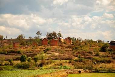 Nişanlım Madagaskar 'da. 21 Ekim 2023. Madagaskar yolları. Fianarantsoa 'dan küçük köylere giden yol, yol boyunca evler, çiftlik hayvanları, pirinç tarlaları, günlük Malagasy