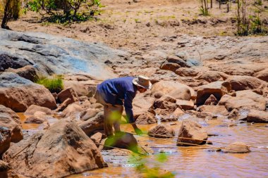 Antananarivo, Madagaskar 07 Ekim 2023 Yaşlı bir adam kızı için küçük bir derede balık yakalar.