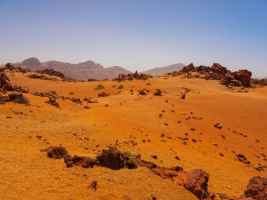 Tenerife 'de arka planda bir sürü kaya ve güzel dağ manzarası olan bir yer. Tenerife 'nin volkanik manzaraları