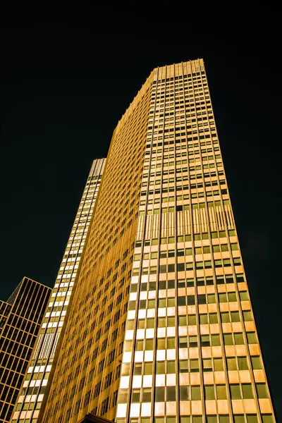 stock image Frankfurt, Germany 27 september 2018. Omniturm Tower and Grosse Gallusstrasse Street at Bankenviertel business district - Frankfurt, Germany. tall modern blue skyscrapers with large glass