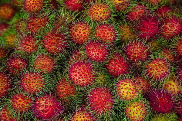 stock image a large pile of ripe juicy shaggy rambutan fruits as a natural bright Asian background