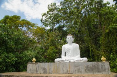 Beruwala,Sri Lanka. 07 Şubat 2023. Beyaz Buda figürü gölün üzerinde oturuyor. Arka plan güzel doğa ağaçları, mavi gökyüzü. Asya seyahati ve din kavramı