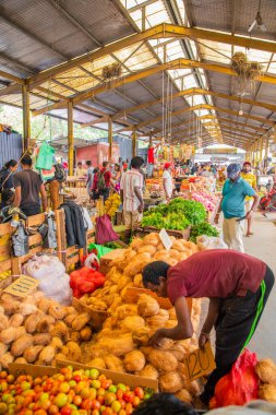 Colombo, Sri-Lanka. 03 numara. 02 numara. 2023. Colombo 'da kalabalık bir merkez gıda pazarı var. İnsanlar küçük tepsilerde ya da doğrudan yerden bir şeyler ve yiyecek satıyor. Geleneksel Sri Lanka ticareti