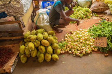 Colombo, Sri-Lanka. 03 numara. 02 numara. 2023. Colombo 'da kalabalık bir merkez gıda pazarı var. İnsanlar küçük tepsilerde ya da doğrudan yerden bir şeyler ve yiyecek satıyor. Geleneksel Sri Lanka ticareti