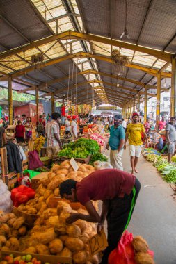Colombo, Sri-Lanka. 03 numara. 02 numara. 2023. Colombo 'da kalabalık bir merkez gıda pazarı var. İnsanlar küçük tepsilerde ya da doğrudan yerden bir şeyler ve yiyecek satıyor. Geleneksel Sri Lanka ticareti