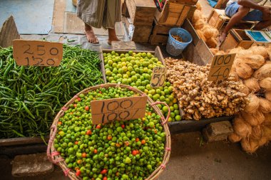 Sri Lanka 'nın başkentindeki merkez pazarda çeşitli sebze, meyve, tahıl ve kurutulmuş balık çeşitleri