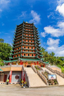 Kota Kinabalu, Sabah, Malaysia. 11.08.2024. modern traditional chinese pagoda temple blue sky background clipart