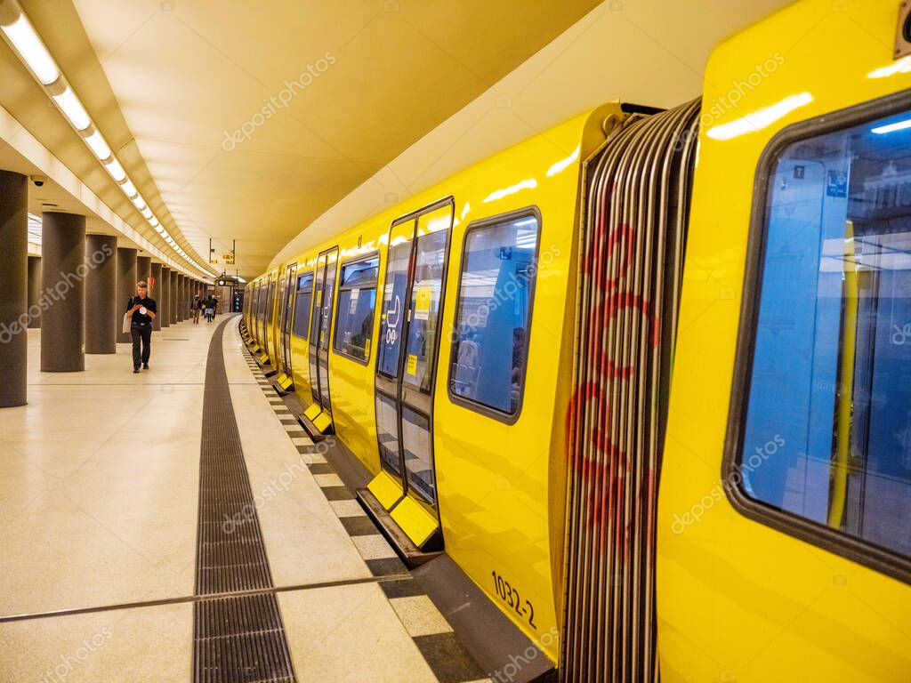 Berlin, Germany 24.04.2021.Berlin metro stations and yellow passenger cars. Berlin transport in the center of the capital