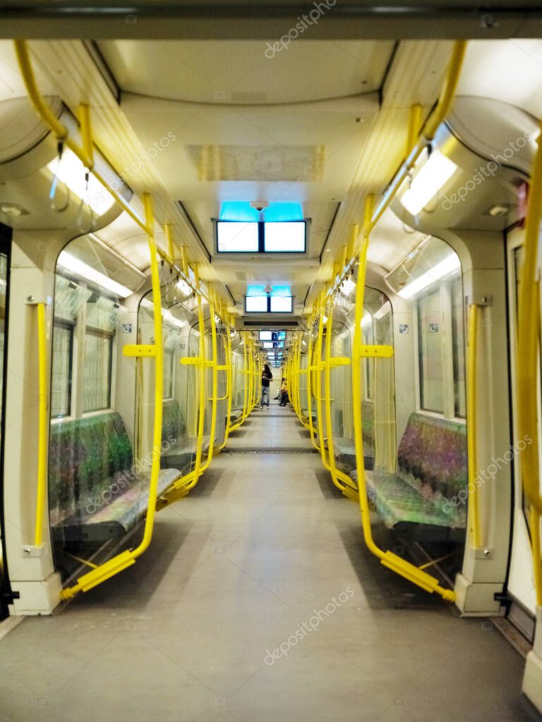 Berlin, Germany 24.04.2021.Berlin metro stations and yellow passenger cars. Berlin transport in the center of the capital