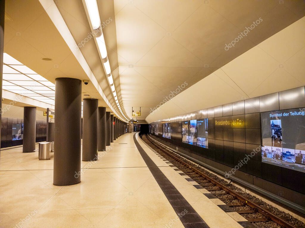Berlin, Germany 24.04.2021.Berlin metro stations and yellow passenger cars. Berlin transport in the center of the capital
