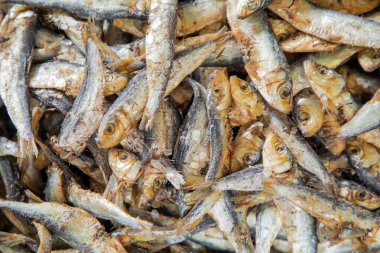 Büyük yığın halinde küçük balık cipsi veya pullar, kurutulmuş ve iyileşmiş balık parçaları, küçük miktarlarda Sri Lanka ve Maldivian yemekleri, güçlü lezzet ve aromatik malzeme, gıda arka plan dokusu