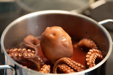 Mutfak ortamında lezzetli et suyu dolu bir tencerede ahtapot pişirmek dokunaçlarını ve dokularını sergilemek..