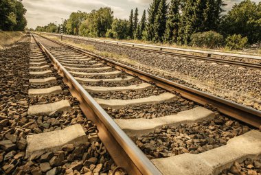 Çakıl ve yeşilliklerle çevrili demiryolu raylarının yakın görüntüsü doğal elementlerle sakin bir açık hava manzarası yaratıyor..
