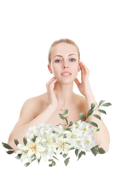 Beautiful Woman Perfect Skin Natural Make Flowers — Stock Photo, Image