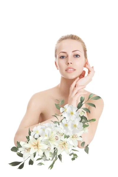 Beautiful Woman Perfect Skin Natural Make Flowers — Stock Photo, Image