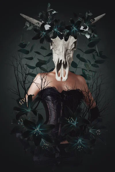 Mysterious woman portrait. Concept dark art collage of witch dead animal skull hides her face.