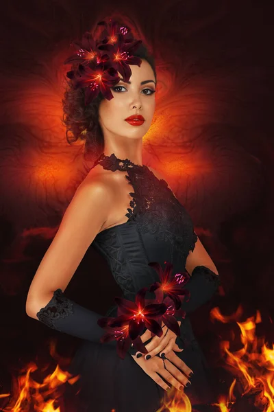 Conceptual Art Photography Beautiful Woman Surrounded Fire Flame — Stock Photo, Image