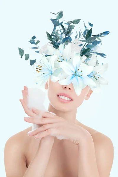 Young Woman Abstract Flowers Mask Have Skin Care Treatment — Stock Photo, Image