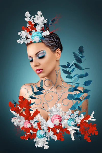 Abstract Surreal Art Collage Portrait Young Woman Exotic Sea Plants — Stock Photo, Image