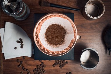 coffee powder in the dripper for make coffee filter on scales.