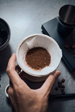 coffee powder in the dripper for make coffee filter on scales.