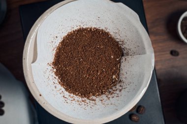 coffee powder in the dripper for make coffee filter on scales.