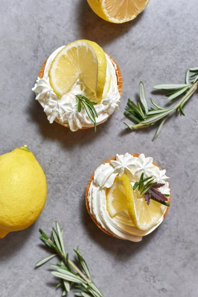 Lemon tart, Homemade shortbread mini tart cakes with lemon curd and whipped crea