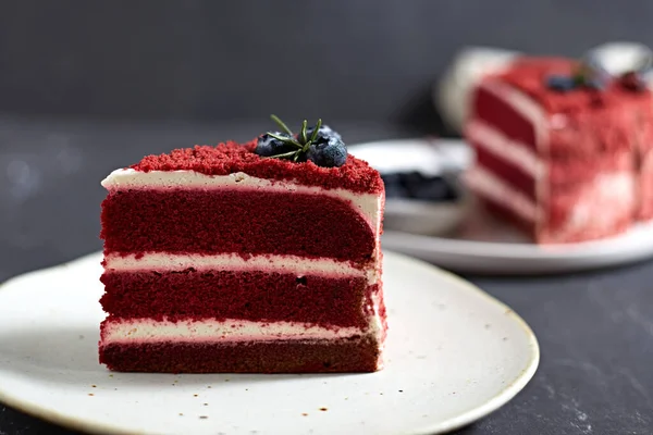 Close Red Velvet Cake Whipped Cream Plate — Stock Photo, Image