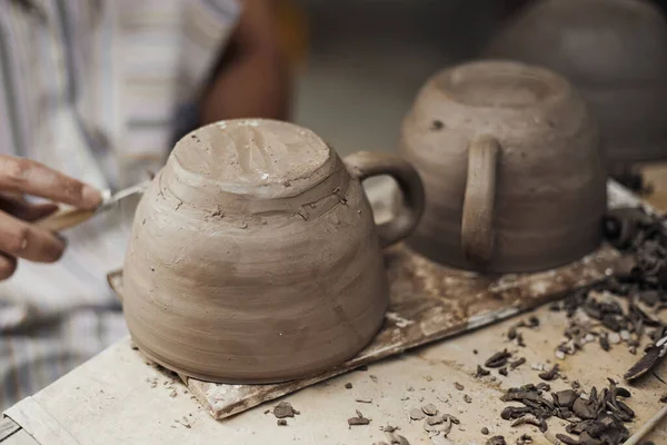 Pottery Workshop Process Making Ceramic Tableware Women Hand — Stock Photo, Image