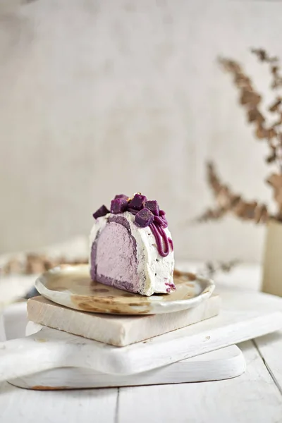 Purple sweet potato roll cake, selective focu