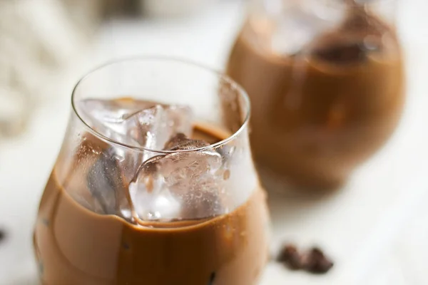 Refreshing Iced Latte Coffee Glass Selective Focus — Stock Photo, Image