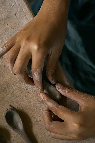 Close Hands Shaping Small Clay Spoo — Stock Photo, Image