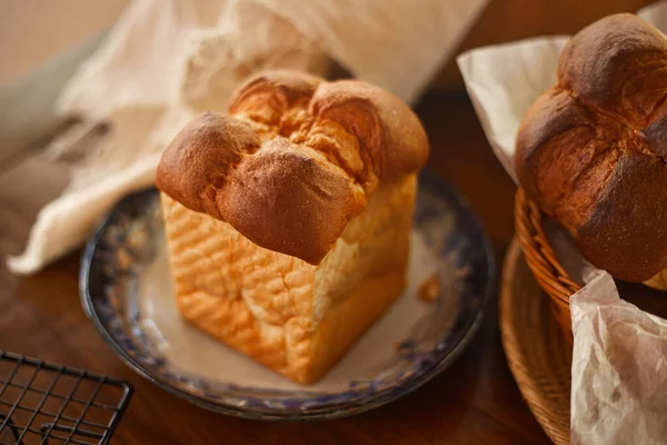 Pão Shokupan Japonês Com Backgroun Madeira — Fotografia de Stock