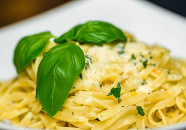 Krema soslu İtalyan makarnası ve fesleğen, bulanık arka plan.