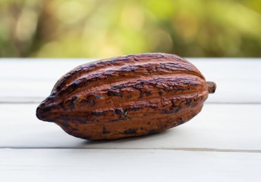 Kakao kabuğunu beyaz ahşap bir masanın üzerine kapat, arka plan bulanık